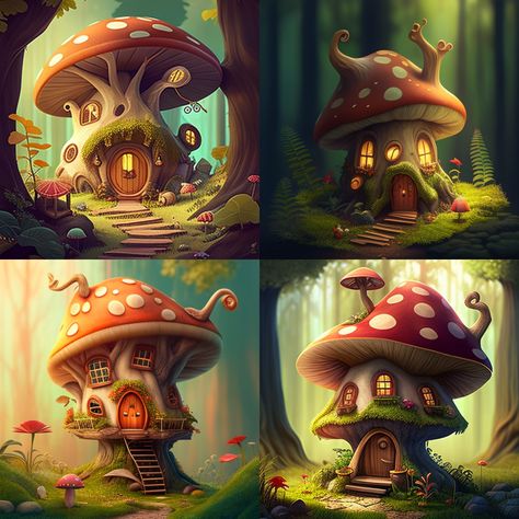 Mushroom House Illustration, Mushroom House Drawing, Julie Mellan, Mushroom Town, Mushroom City, Mushroom Houses, Fantasy Cottage, Gnome Pictures, Clay Fairy House