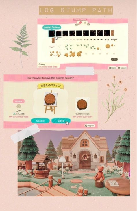 Animal Crossing Design Codes Forest Core, Acnh Tree Stump Code, Acnh Wood Planks Path Code, Wooden Plank Path Acnh, Acnh Wood Planks Path, Forest Cottage, Cottagecore Art, Acnh Designs, Acnh Inspo