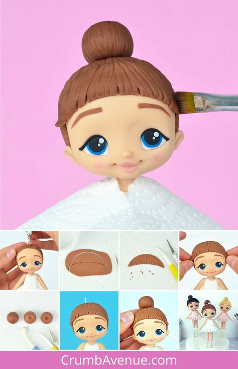 Cute fondant ballerina - step by step tutorial with templates, gumpaste girl figurine by crumb avenue, sugar face, eyes, hair, how to make fondant people, cake decorating, modelling paste, sugarpaste, head, cute cakes for kids, girls, cake craft