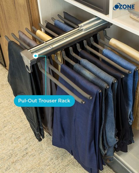 No more tangled, creased trousers in your closet! Ozone Pull - Out Trouser Rack is a sensible solution to keep your trousers neatly folded whilst maximizing space to accommodate upto 20 trousers. To know more visit our website. Link in bio. #OzoneHardware #Ozone #Hardware #DoorHardware #HomeHardware #InteriorDesign #KitchenFittings #Wardrobe #WardrobeFittings Wardrobe Fittings, Trouser Rack, Fitted Furniture, Kitchen Fittings, Home Hardware, Website Link, Kitchen Furniture, Door Hardware, No More