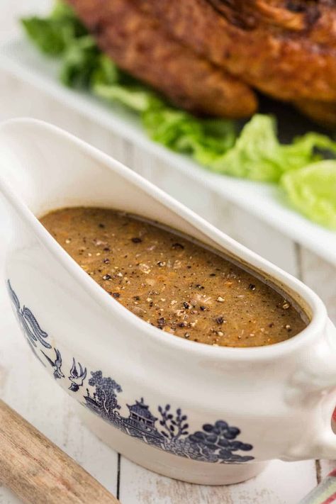 Southern giblet gravy in a gravy boat. Southern Giblet Gravy, Cajun Potato Salad Recipe, Slow Cooker Roasted Potatoes, Giblet Gravy Recipe, Southern Thanksgiving Recipes, Giblet Gravy, Sweet Potato Fritters, Pecan Chicken Salads, Southern Thanksgiving