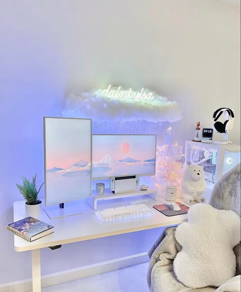 cute purple & white gaming setup☁️💜🤍✨ Streaming Vision Board, Purple Kawaii Room, White Desk Setup, Turquoise Desk, Pc Setup Ideas, Computer Aesthetic, Pc Room, Gaming Aesthetic, Gaming Desk Setup