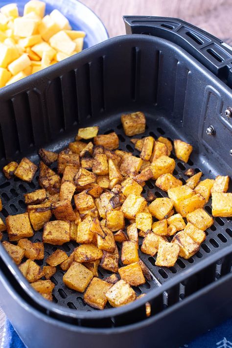 Air Fryer Butternut Squash is an easy side dish that is delicious with so many meals. Switch up the seasonings for even more flexibility! #butternutsquash #airfryer #squashrecipes #fallflavors via @thecookful Airfryer Butternut Squash, Butternut Squash Airfryer, Butternut Squash Air Fryer, Air Fryer Butternut Squash, Frozen Butternut Squash, Butternut Squash Chili, Yellow Squash Recipes, Butternut Squash Cubes, Chicken Leg Quarters