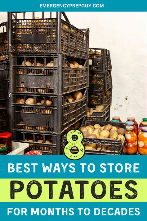 Stacks of crates filled with potatoes illustrate various ways to store potatoes for long term preservation, highlighting both store-bought and homegrown options. Potato Storage Pantry, How To Preserve Potatoes, How To Store Potatoes Long Term, Potato Storage Ideas, Preserving Potatoes, Storing Potatoes, Storing Food Long Term, Potato Storage, Food Potatoes