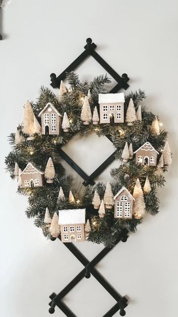 Christmas Wreath With Houses, Anthropologie Wreath Diy, Anthropologie Wreath, Anthro Inspired Christmas, Gingerbread House Wreath, Diy Anthropologie, Ginger Bread House Diy, Living In Canada, House Wreath