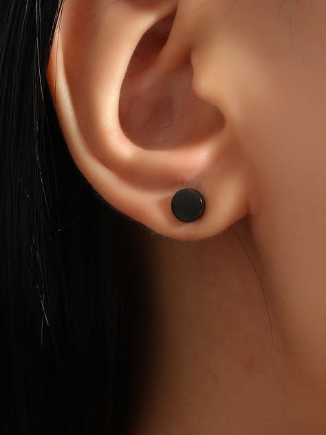 Black Funky Collar  Stainless Steel  Stud Embellished   Jewelry Simple Black Earrings, Black Earings Piercings, Black Piercings Ear, Classic Black Pierced Earrings, Minimalist Black Pierced Jewelry, Ear Piercings Black, Black Stud Earrings Women, Black Piercings, Black Earrings Studs