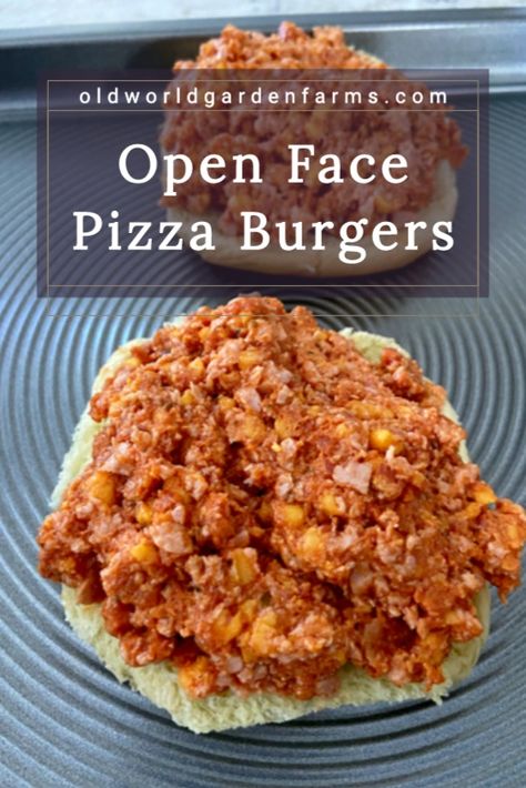 This old-fashioned Pizza Burgers recipe is not only easy to make, but both kids and adult love to eat them! A great way to feed a crowd for dinner, as a snack, or for game day! #pizza #burger #snack #dinner #recipe #crowd #lunch #tailgate #gameday #cheese #pepperoni #bologna #easy #classic #oldfashioned #nostalgic #oldworldgardenfarms Lunch Lady Pizza Burgers, Pizzaburger Recipe, Pizza Burgers With Spam, Open Faced Pizza Burgers, Old School Pizza Burgers, Pizza Burgers Ground Beef, Sloppy Burgers, Pizza Burger Recipe, Pizza Buns Recipe