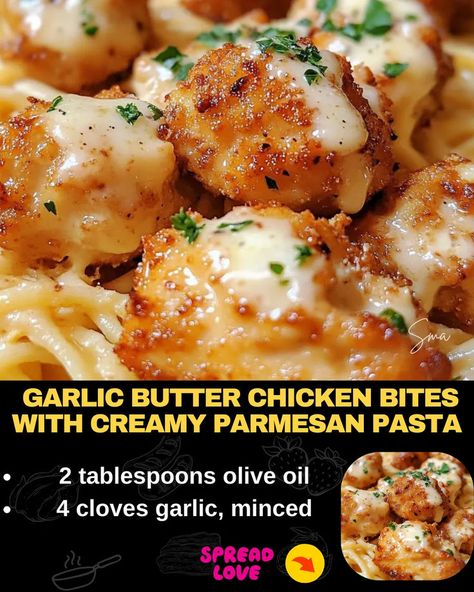 Garlic Butter Chicken Bites with Creamy Parmesan Pasta Creamy Parmesan Pasta, Garlic Butter Chicken Bites, Butter Chicken Bites, Chicken Bites Recipes, Garlic Parmesan Pasta, Mexican Casserole Recipe, Chicken Parmesan Pasta, Creamy Garlic Chicken, Pre Cooked Chicken