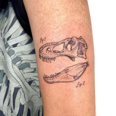 T-rex skull for Rex! 🦖✨ | Instagram Dinosaur Bones Tattoo, Dino Skull Tattoo, Dinosaur Fossil Tattoo, T Rex Skull Tattoo, Dinosaur Skull Tattoo, Skull Open Mouth, Fossil Tattoo, T Rex Tattoo, T Rex Skull