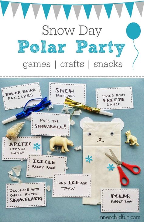 Polar Party for Snow Day Fun -- games, crafts, snacks Yeti Party Games, Polar Bear Plunge Party, Snow Day Party Ideas, Polar Bear Games For Kids, Snow Day Party, Arctic Animal Party, Artic Birthday Party Ideas, Penguin Party Games, Winter Birthday Party Activities