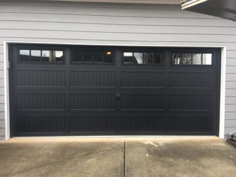 Black Garage Doors Are Trendy Black Garage Door, Black Garage Doors, Garage Door Colors, Carriage House Garage Doors, Double Garage Door, Garage Door House, Carriage House Doors, Carriage Garage Doors, Black Garage