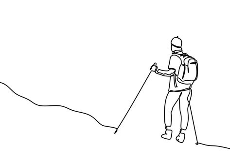 Hiking Line Art, Sports Line Art, Line Art For Men, Hike Drawing, Hiking Sketch, Hiking Drawing, Line Art Travel, Hiking Illustration, Journey Drawing