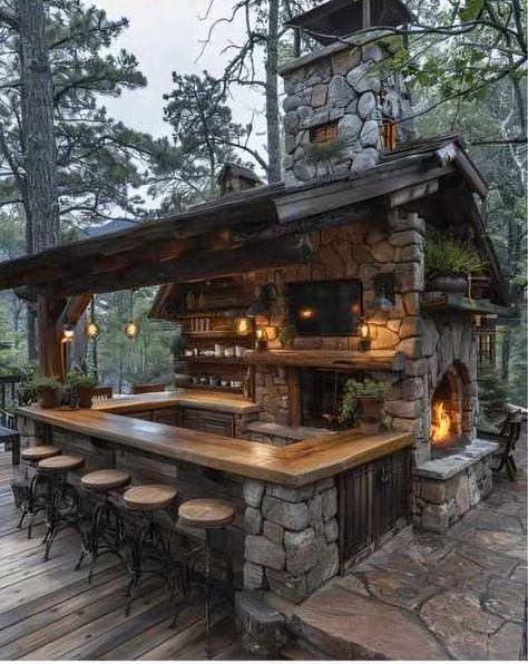 Country Corner | So cool 😎 | Facebook Cabin Bar, Rustic Outdoor Kitchens, Outdoor Kitchen Plans, Backyard Fireplace, Backyard Pavilion, Backyard Bar, Outdoor Kitchen Ideas, Diy Outdoor Kitchen, Outdoor Decor Backyard