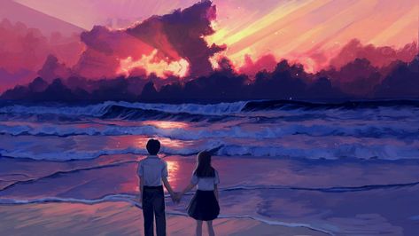 #anime #illustration #landscape #sea #sunset #painting digital art #artwork #1080P #wallpaper #hdwallpaper #desktop Illustration Landscape, Anime Illustration, Aesthetic Couple, Full Hd Wallpaper, Sunset Wallpaper, Painting Digital, Art Video, Couple Wallpaper, Sunset Painting