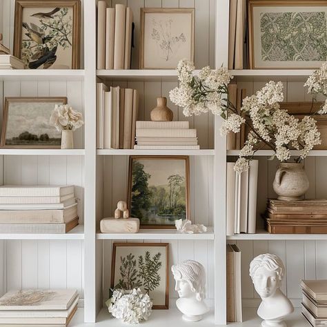 Paper House Print Shop Bookshelf Family Room, Country Bookshelf Decor, Minimal Bookshelf Styling, Living Room Bookshelf Decor Built Ins, Built In Shelf Styling Living Room, Bookcase Styling Bedroom, How To Style A Bookcase, How To Style A Bookshelf, White Bookshelf Aesthetic