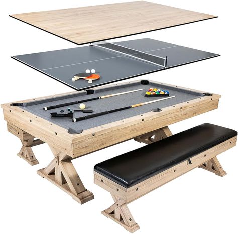 Freetime Fun 3 in 1 Multi Game 7 FT Pool Table with Dining Top and Ping Pong Table with Benches, Includes Billiard Accessories and Tennis Paddles - Combo Table Pool Table Dining Table, Basement Decoration, Multi Game Table, Pool Table Accessories, Billiard Pool Table, Storage Bench Seating, Billiard Accessories, Pong Table, Yard Games