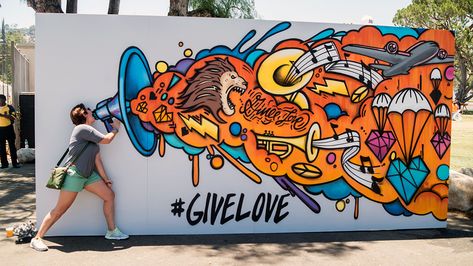 An interactive photo backdrop wall for a music festival in Pasadena, CA.  This piece was created for Andy Grammer and his #GiveLove campaign.  We specialize in consulting and producing music festival art all over the country.  Visit our website or call 646-801-6024 to chat about partnering for your music festival event. Andy Grammer, Seni Mural, Selfie Wall, School Murals, Street Mural, Banksy Graffiti, Graffiti Murals, Murals Street Art, Interactive Art