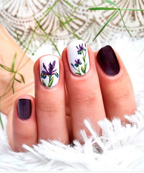 Iconic Irises Nail Journal, Iris Nails, Feather Nails, Elegant Nail Designs, Floral Nail Designs, Floral Nail, Flower Nail Designs, Iris Flower, Floral Nail Art