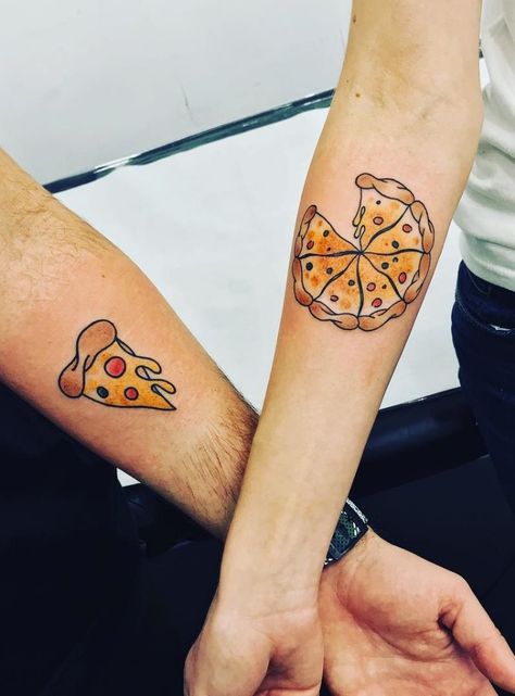 Cupels Tattoo, Matching Pizza Tattoos, Creative Couple Tattoos, Pizza Tattoo, Tattoos For Couples, Small Couple Tattoos, Couples Tattoo Designs, Couple Tattoo, Tattoos For Lovers