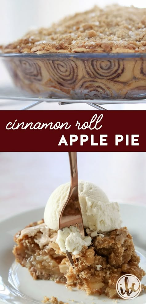 This Cinnamon Roll Apple Pie is a unique take on a classic apple pie. Made with a cinnamon roll inspired crust it looks as delicious as it tastes! #cinnamon #roll #apple #pie #dessert #recipe Dutch Pie, Cinnamon Roll Crust, Apple Pie Crust, Cinnamon Roll Apple Pie, Perfect Apple Pie, Apple Crumble Pie, Unique Pies, Homemade Apple Pie Filling, Crumble Pie