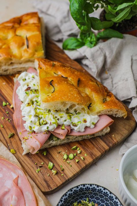 Mortadella, Burrata, and Pesto Panino (Sandwich) Italian Burrata Sandwich, Mortadella Sandwich, Picky Bits, Pizza Panini, Homemade Pesto Recipe, Pesto Sandwich, Pistachio Pesto, Easy Pasta Dinner, Italian Sandwich