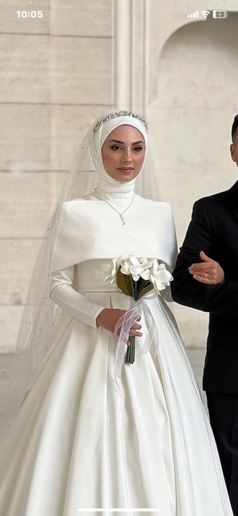 Elegant Wedding Dress Hijab, Satin Wedding Dress Hijab, Elegant Hijab Wedding Dress, Modest White Wedding Dress, Garden Theme Wedding Dress, Bridal Dresses Hijab, Simple Hijab Wedding Dress, Bride Dress Hijab, Hijab Bride Dress