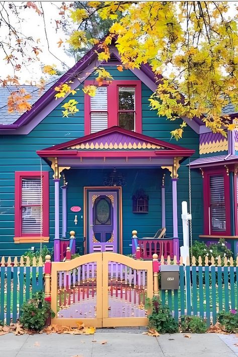 Funky House Colors Exterior, Indie House Exterior, Colorful Brick House, Funky House Exterior, Canadian House Exterior, Maximalist House Exterior, Lavender House Exterior, Colorful Exterior House Colors, Bright Exterior House Colors