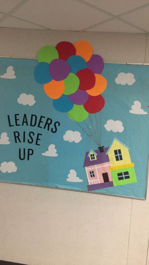 Forward Together Theme, We Are Leaders Bulletin Board, Rise Up Bulletin Board Ideas, Leadership Ra Bulletin Boards, Ballon Bulletin Board Ideas, Leadership Boards Ideas, Look What We Can Do Bulletin Board, Up House Bulletin Board, Up Theme Bulletin Board