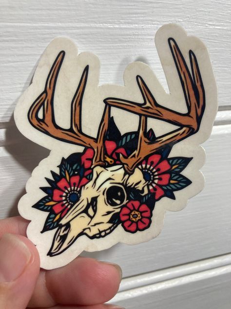 "Deer skull with flowers, 3\"x3\"" Stag Deer Tattoo, Deer Skull Flower Tattoo, American Traditional Deer Skull Tattoo, Old School Deer Tattoo, Deer Skull Illustration, Whitetail Deer Tattoo, Traditional Deer Tattoo, Hunting Tattoos For Guys, Deer Skull With Flowers