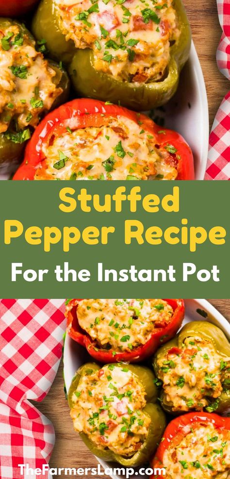 two green and two red stuffed peppers in a white serving dish with red gingham tablecloth beside it with words written that read stuffed pepper recipe for the instant pot the farmers lamp dot com Stuffed Bell Peppers Instant Pot, Recipes Stuffed Peppers, Stuffed Pepper Recipes, Easy Stuffed Pepper Recipe, Easy Stuffed Peppers, Mexican Quinoa, Pepper Recipes, Pot Recipes Healthy, Healthy Chicken Recipes Easy