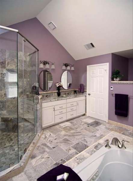 Marble and purple bathroom #purplebathroom #purple #bathroom #lavender #bathroomideas #decorhomeideas Plum Bathroom Ideas, Gray And Purple Bathroom, Purple Bathroom Ideas, Plum Bathroom, Lavender Bathroom, Purple Bathroom, Small Bedroom Remodel, Purple Bathrooms, Bathroom Color Schemes