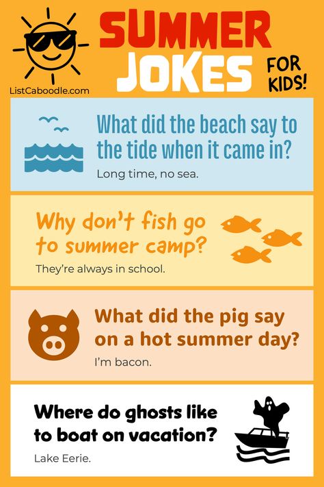 The best summer jokes for kids. Spring Jokes For Kids, Jokes For First Graders, Summer Jokes For Kids, Jokes For Kids Hilarious, Corny Jokes For Kids, Lunch Box Jokes For Kids, Babysitting Tips, Lunch Jokes, Summer Jokes