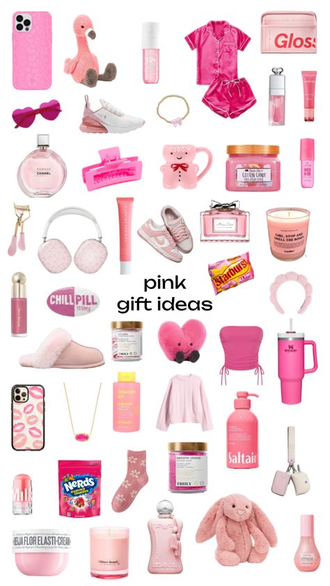 pink gift ideas 🩷 All Pink Gift Basket, Pink Themed Gift Basket Birthday, Gift Basket Ideas Pink Theme, Pink And Gold Gift Basket, Gift Basket Pink Theme, 15th Birthday Gifts For Girls Ideas, Pink Gift Box Ideas Birthday, Pink Gift Basket Ideas Birthday, Girly Gift Baskets Birthdays