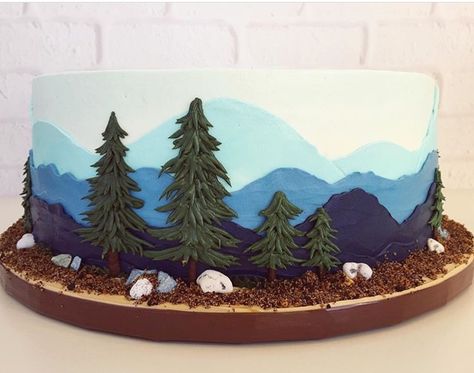 Mountain Cakes, Painted Buttercream Cake, Camping Birthday Cake, Surf Cake, Nature Cake, Mountain Cake, Ski Wedding, Mountain Scape, Chocolate Rocks