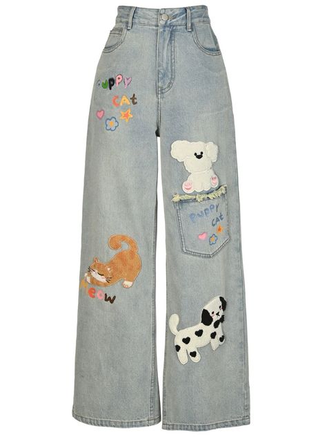 Puppy Cat Party Cute Patch Denim Wide-Leg Jeans-ntbhshop Patch Denim, Cute Patches, Cute Pants, Denim Patches, Patched Jeans, Cat Party, Light Blue Jeans, Cute Jeans, Outfits With Hats