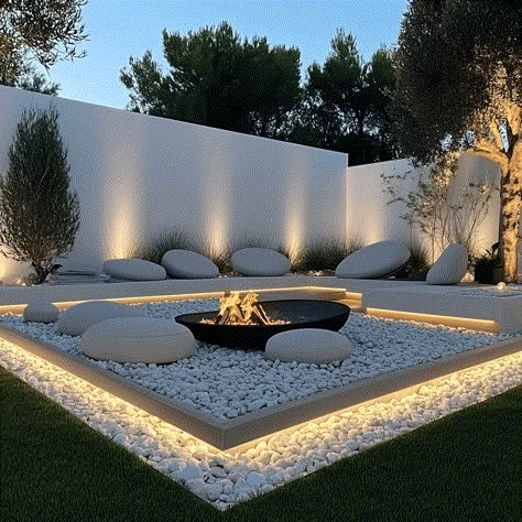 30 Stunning Outdoor Fire Pit Ideas for Cozy Evenings Backyard Landscaping Fountain, Modern Backyard Fire Pit, Modern Garden Fireplace, Florida Fire Pit Ideas, Epic Backyard Ideas, Outside Chill Area, Minimalistic Backyard, Modern Outdoor Fireplace Ideas, Luxury Backyard Ideas