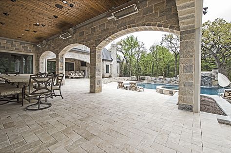 54_BackPorchPool Arched Covered Patio, Two Story Patio, Pergula Ideas, Architectural Homes, Backyard Covered Patios, Outdoor Living Space Design, Dream Cabin, Patio Steps, Dream Mansion