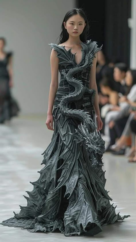 Snake Dress Aesthetic, Ripped Dress Aesthetic, Dragon Inspired Fashion, Dragon Outfit Aesthetic, Dragon Inspired Outfits, Tornado Dress, Dragon Gown, Dragon Dress, Stone Dress