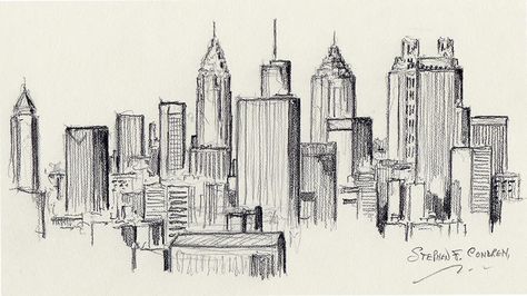 Skyline Sketch Cityscapes, City Skyline Drawing Easy, Manhattan Skyline Drawing, Cityscape Drawing Simple, Atlanta Skyline Drawing, City Scape Drawing Easy, How To Draw City, Atlanta Drawing, City Scape Sketch