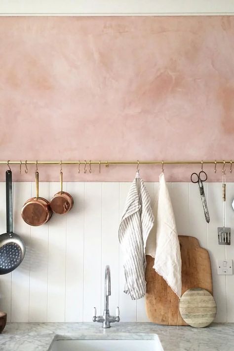 Copper Cooking Utensils, Countryside Kitchen, Kitchen Rails, Lime Wash, Industrial Kitchen, Pot Rack, Functional Decor, Plaster Walls, Shop Interior