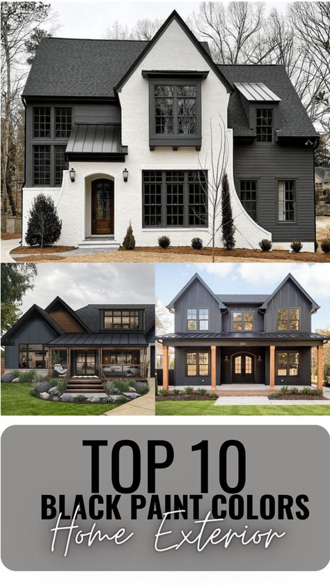 Black White Gray House Exterior, 2023 Exterior Design Trends, Best Black Paint Color For Exterior Shutters, Black Paint House Exterior, Iron Ore Vs Tricorn Black Exterior, Black Exterior Trim Colors, Dark Charcoal Exterior House Colors, Outside House Paint Colors 2023, Grey White And Black House