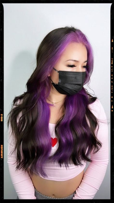 Hair Dye Purple Pickaboo Hair, Pickaboo Hair Color Purple, Black And Purple Halo Hair, Black Hair With Purple Halo, Dark Purple Halo Hair, Halo Hair Dye Style Purple, Purple Halo Hair Color, Pink Purple Blue Hair Highlights Dark Brown, Purple Curtain Bangs