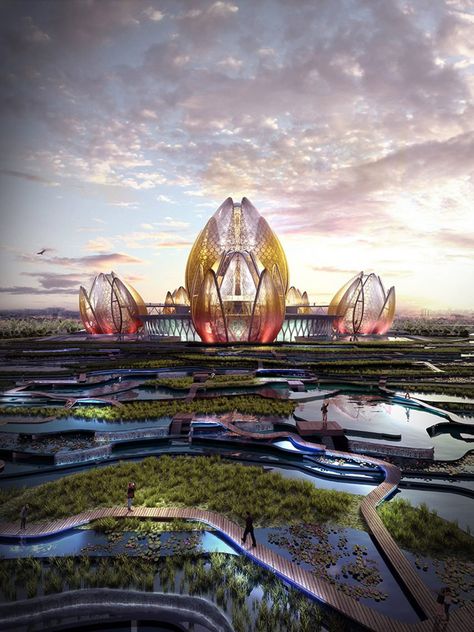 DeciBel proposes "lotus-like" theatre and cultural centre for Hanoi Flower Inspired Building, Eco City, Future Buildings, National Flower, Cultural Centre, Fantasy City, Fantasy Places, Unique Architecture, Futuristic City