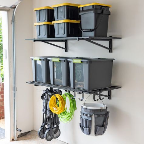 PRICES MAY VARY. GARAGE WALL STORAGE: Organize your garage with this 2 Pack of large wall mounted shelves! Perfect for storage bins, boxes, tires, sporting goods, and more! HEAVY DUTY STEEL: 2' x 4' solid alloy steel square tubing frame supports up to 200 lbs per shelf, up to 400 lbs total among both shelves! HANGING HOOKS: Includes (2) Large Hooks and (6) Small Hooks for hanging storage below the shelves. Great for garden hoses, extension cords, bikes, and more. EASY TO INSTALL: Independent wal Garage Wall Shelves, Garage Wall Storage, Wall Mount Storage, Wall Mounted Storage Shelves, Overhead Garage Storage, Bike Storage Rack, Shelf With Hooks, Wall Shelving, Garage Storage Systems