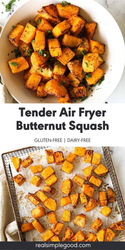 Coated with a touch of maple syrup and the perfect blend of seasonings, this easy recipe for air fryer butternut squash cubes is the perfect healthy side dish. The air fryer leaves the squash cubes perfectly tender on the inside and a little caramelized on the outside. Gluten-free, dairy-free and paleo. | Real Simple Good via @realsimplegood Quebec Food, Air Fryer Pineapple, Air Fryer Butternut Squash, Harvest Foods, Butternut Squash Recipe, Lenten Recipes, Cooks Air Fryer, Air Fried Food, Air Fryer Oven Recipes