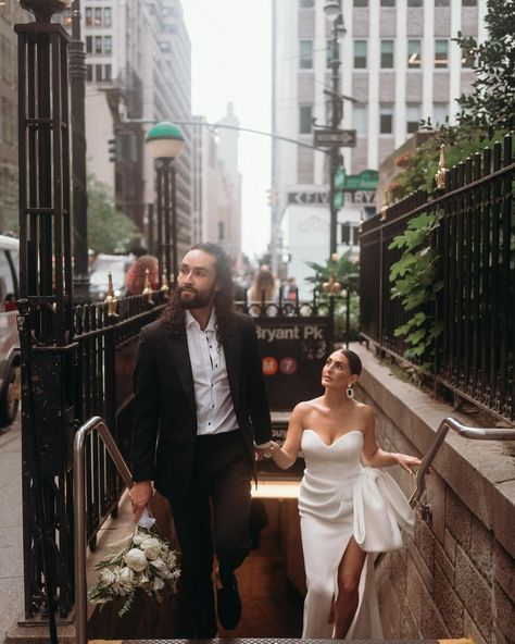 Eloping in Manhattan✨ Couple: @eric.x.elisa HMUA: @elisacavaliere Dress: @luxelacebridal Florals: @awesome_blossom_nyc #nycwedding #nycphotographer #nycweddingphotographer #nyphotography #elopinginnyc #nycelopement #newyorkphotographer #newyorkwedding #newyorkbridesmag Nyc Themed Wedding, New York City Wedding Aesthetic, New York Wedding Aesthetic, City Wedding Aesthetic, Lincoln Center Nyc, Subway Photos, Classic Engagement Photos, Camera Wedding, New York Elopement