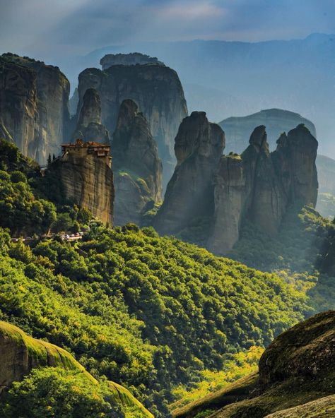 The Mountain top monasteries of Meteora, Greece. Travel photography to inspire wanderlust. Travel inspiration from around the world. | | Blog by the Planet D #Travel #TravelPhotography #Wanderlust #TravelInspiration #Meteora #Greece Greece Mountains, Greek Mountains, Beautiful Paintings Of Nature, Meteora Greece, Foggy Mountains, Landscape Reference, Scenery Landscape, Nature Music, Travel Greece