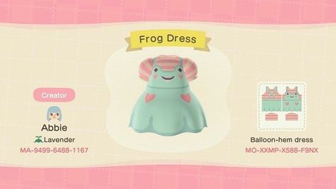 Animal Crossing Kiosk Codes, Terraforming Acnh, Animal Crossing Clothes Pattern, Acnh Fashion, Frog Dress, Acnh Clothes, Animals Crossing, Animal Crossing Funny, Animal Crossing Guide