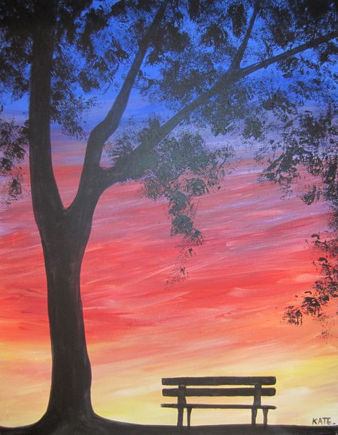 "Park Bench" by Kate Bench Painting Canvas, How To Paint A Bench On Canvas, Park Painting Ideas, Park Bench Painting, Park Bench Drawing, Bench Drawing, Park Painting, Halloween Quilt, Popular Paintings