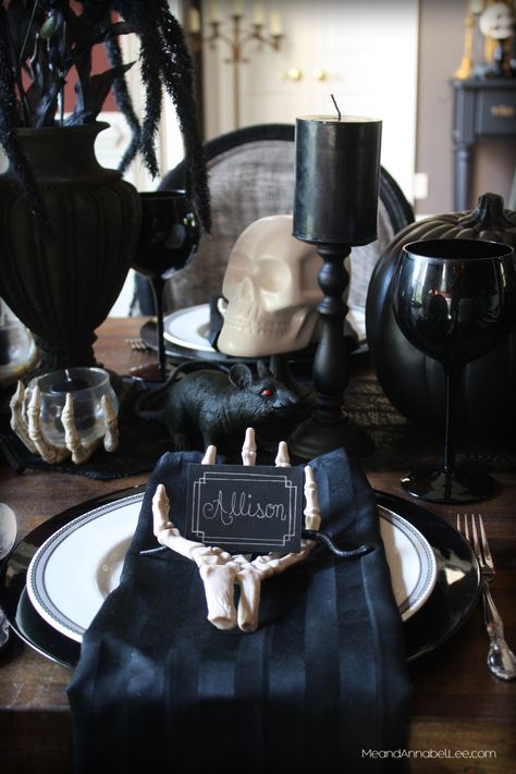 Halloween Dinner Party | Gothic Entertaining | Me and Annabel Lee Halloween Dinner Party Table, Gothic Dinner Party, Dinner Party Table Decor, Gothic Dinner, Halloween Dinner Party, Spooky Dinner, Halloween Sleepover, Annabel Lee, Party Table Decor